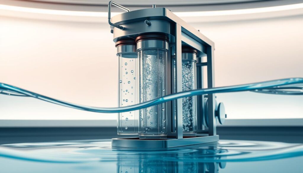 A technologically sophisticated reverse osmosis water purification system, with a sleek stainless steel housing and transparent membranes. The foreground depicts the intricate inner workings, showcasing the semipermeable membrane selectively filtering water molecules while rejecting contaminants. The middle ground highlights the pressurized flow of water through the system, with gentle curves and smooth gradients. The background features a minimalist, futuristic setting, bathed in soft, indirect lighting that accentuates the high-tech aesthetics. The overall scene conveys a sense of efficiency, precision, and advanced water treatment technology.