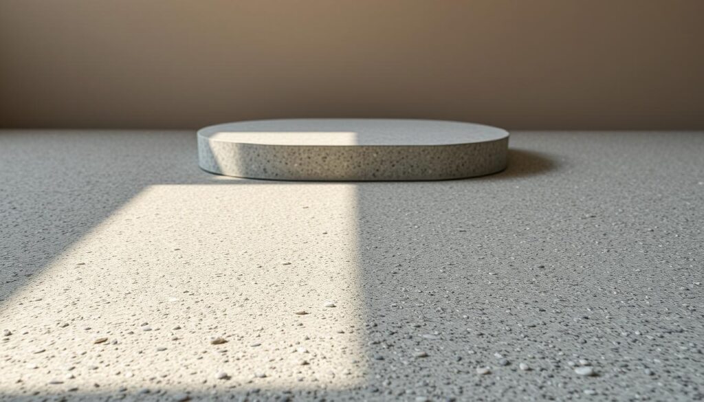 A textured surface of sustainable concrete composed of recycled aggregates and eco-friendly binders, illuminated by soft, natural lighting. The foreground showcases the material's unique speckled pattern and rough, tactile finish. In the middle ground, the concrete takes on a sleek, contemporary form, hinting at its versatility in modern architectural applications. The background fades into a warm, neutral tone, emphasizing the material's inherent beauty and environmental credentials. Minimal, clean-lined composition highlights the ecological concrete's aesthetic and functional qualities.