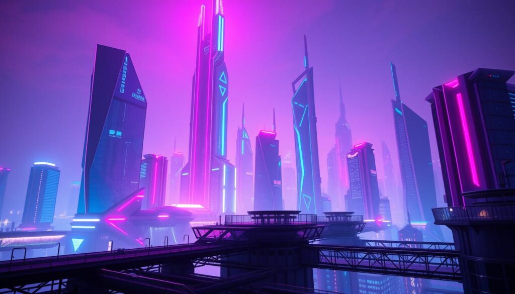 A towering, futuristic city skyline bathed in vibrant, neon-tinged light. Sleek, angular skyscrapers and buildings in shades of blue, purple, and pink stretch skyward, their geometric forms and glass facades reflecting the colorful illumination. In the foreground, a network of elevated walkways and platforms connect the structures, creating a dynamic, cyberpunk-inspired landscape. The scene is infused with a sense of technological advancement and urban progress, hinting at the boundless possibilities of digital architecture. The lighting casts long, dramatic shadows, adding depth and visual interest to the composition. An otherworldly, yet captivating atmosphere pervades the scene, evoking the cutting-edge innovations and visionary designs that define contemporary digital architecture.