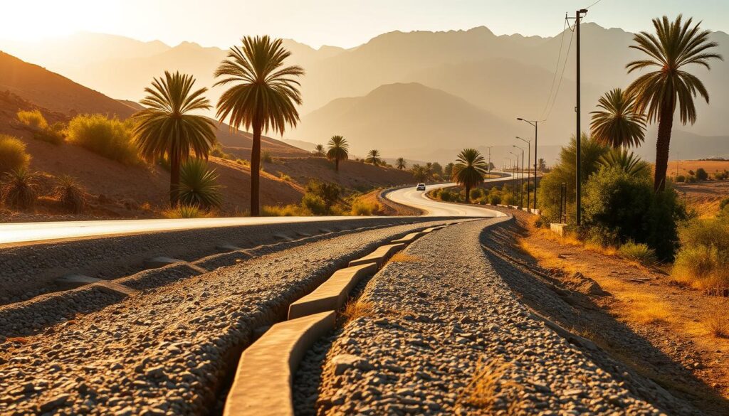 A tranquil rural Moroccan roadside, bathed in warm, golden afternoon sunlight. In the foreground, a network of drainage channels and culverts interlace the gravel shoulder, expertly engineered to divert rainwater and prevent pooling. In the middle ground, the paved road winds gracefully through gently rolling hills, lined with mature palm trees and lush, verdant vegetation. In the distance, the rugged Atlas Mountains rise majestically, their peaks bathed in a soft, hazy light. The scene conveys a sense of harmony between human infrastructure and the natural environment, highlighting the importance of effective road drainage systems in this arid, yet picturesque Moroccan landscape.