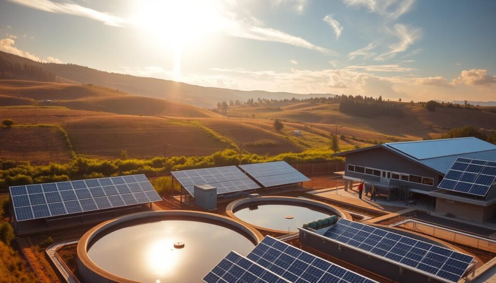 A tranquil rural landscape, with rolling hills and lush vegetation in the background. In the foreground, a well-maintained wastewater treatment plant, its modern architecture seamlessly blending with the natural surroundings. Solar panels dot the rooftops, harnessing renewable energy. Nearby, a team of technicians diligently inspecting the facility, ensuring the sustainable operation of the infrastructure. Warm, golden sunlight filters through wispy clouds, casting a serene glow over the scene. The overall atmosphere conveys a sense of harmony between human-built structures and the environment, highlighting the importance of responsible and eco-friendly wastewater management.