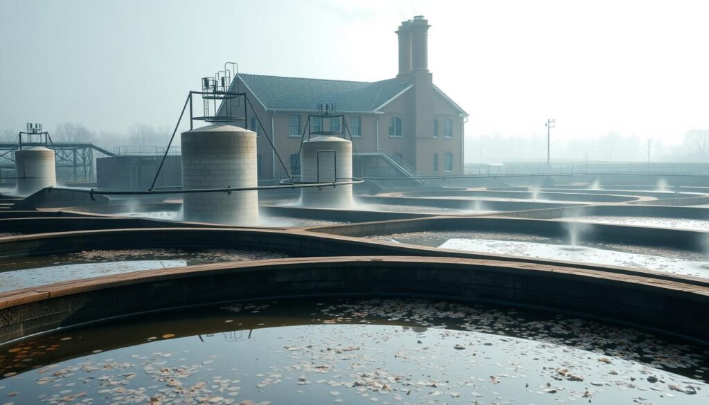 A tranquil scene of a traditional wastewater treatment plant. In the foreground, a series of sedimentation tanks filled with murky water, their surfaces dotted with floating debris. Towering aeration tanks rise up in the middle ground, their mechanical arms gently stirring the water, releasing streams of bubbles. In the background, a weathered brick building housing the control center, its tall chimneys emitting gentle plumes of steam. The scene is bathed in soft, diffuse lighting, creating a sense of order and functionality. The overall atmosphere conveys the hard work and expertise required to purify wastewater using time-honored techniques.