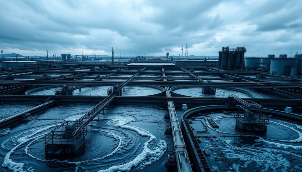 A vast industrial facility sprawls across the frame, its towering tanks and pipes silhouetted against a moody sky. In the foreground, a series of sedimentation basins and clarifiers churn with the flow of wastewater, their mechanical components casting intricate shadows. The midground is dotted with aeration tanks, their churning waters creating a mesmerizing visual rhythm. In the background, a high-tech control room overlooks the entire operation, its windows reflecting the dynamic, technical nature of the wastewater treatment process. The scene is bathed in a cool, industrial lighting that emphasizes the scale and complexity of this vital infrastructure. An authoritative, documentary-style image that conveys the essential technical details of wastewater treatment. A vast industrial facility sprawls across the frame, its towering tanks and pipes silhouetted against a moody sky. In the foreground, a series of sedimentation basins and clarifiers churn with the flow of wastewater, their mechanical components casting intricate shadows. The midground is dotted with aeration tanks, their churning waters creating a mesmerizing visual rhythm. In the background, a high-tech control room overlooks the entire operation, its windows reflecting the dynamic, technical nature of the wastewater treatment process. The scene is bathed in a cool, industrial lighting that emphasizes the scale and complexity of this vital infrastructure. An authoritative, documentary-style image that conveys the essential technical details of wastewater treatment.