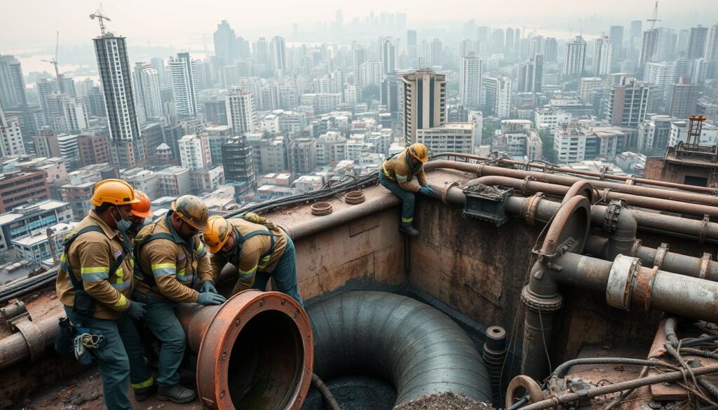 A vast landscape of urban development, with towering buildings and a sprawling network of pipes and sewers. In the foreground, a group of workers in protective gear struggle to clear a blocked sewer, their faces etched with determination. The middle ground reveals aging infrastructure, cracked and corroded, a testament to the challenges of maintaining an efficient sanitation system. The background is shrouded in a hazy, atmospheric lighting, conveying the sense of a complex, multifaceted issue. The overall scene evokes the pressing need for modernization and innovation in the field of sanitation, where the daily toil of maintenance and repair coexists with the looming specter of larger systemic challenges.