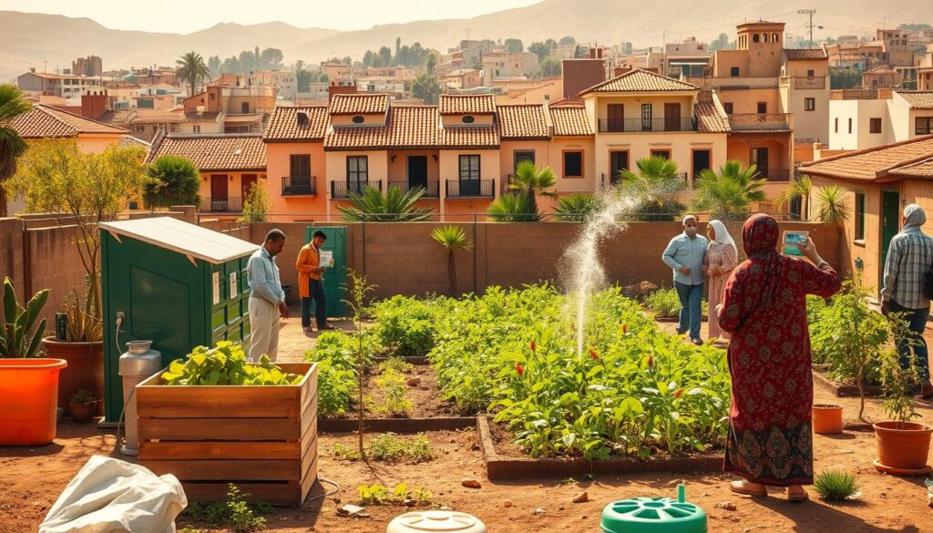 A vibrant and diverse scene of sustainable sanitation practices in a Moroccan community. In the foreground, a group of local residents are engaged in implementing eco-friendly waste management solutions, using solar-powered composting units and rain harvesting systems. The middle ground features a community garden thriving with lush vegetation, nurtured by the recycled water. In the background, a row of traditional Moroccan buildings with terracotta roofs and intricate architectural details create a picturesque urban landscape. The scene is bathed in warm, golden sunlight, conveying a sense of progress, community, and environmental stewardship. The overall mood is one of optimism and sustainable development.