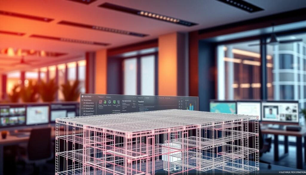 A vibrant and dynamic scene of a computer-aided design (CAD) software interface, showcasing the various tools and features used in civil engineering software development. The foreground depicts a 3D model of a building structure, with detailed wireframes and material textures. The middle ground features a variety of icons, menus, and command panels, highlighting the software's functionality. The background showcases a sleek, modern office environment, with large windows and ambient lighting, creating a professional and productive atmosphere. The overall composition emphasizes the seamless integration of technology and civil engineering, conveying the importance of specialized software in the field.
