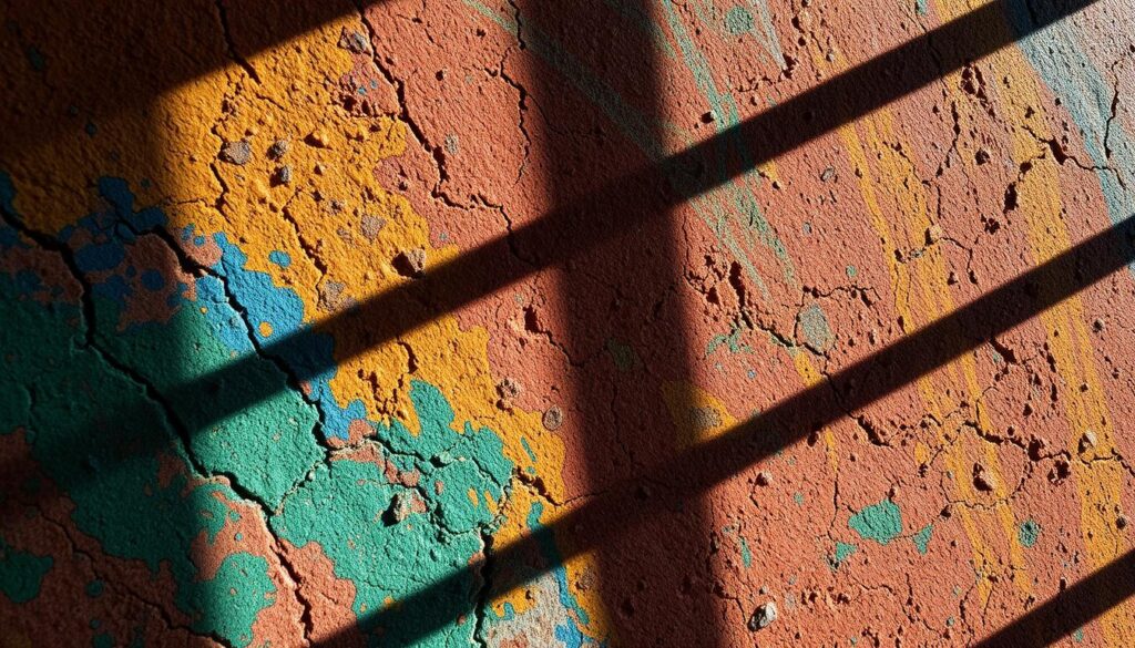 A vibrant and textured close-up of "béton coloré" (colored concrete), illuminated by natural light streaming in from the side. The concrete surface displays a rich array of hues, ranging from deep ochres and earthy reds to vivid blues and greens, creating a mesmerizing and visually striking pattern. The texture is coarse and rough, with visible aggregates and a slightly uneven finish, giving the material a tactile, handcrafted quality. The lighting casts dramatic shadows, accentuating the depth and dimensionality of the concrete slab. The overall composition emphasizes the materiality, color, and unique aesthetic properties of this specialized type of concrete, capturing the essence of the "Béton coloré : méthodes de coloration" section.