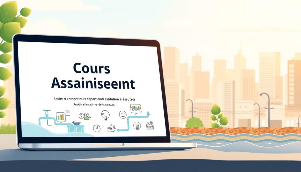 A vibrant, digital illustration showcasing a comprehensive online course focused on wastewater treatment and sanitation engineering. The foreground features a sleek laptop display, prominently displaying the course title "Cours Assainissement" against a clean, minimalist design. In the middle ground, various modular icons and infographic elements illustrate the key topics covered, such as sewage systems, water purification, and sustainable waste management. The background depicts a cityscape with modern architectural elements, conveying the practical, real-world applications of the coursework. The entire scene is bathed in a warm, inviting color palette, with soft lighting that creates a sense of professionalism and educational authority. The overall mood is one of informative clarity, making this an ideal visual accompaniment for the "Outils et ressources supplémentaires" section of the article. A vibrant, digital illustration showcasing a comprehensive online course focused on wastewater treatment and sanitation engineering. The foreground features a sleek laptop display, prominently displaying the course title "Cours Assainissement" against a clean, minimalist design. In the middle ground, various modular icons and infographic elements illustrate the key topics covered, such as sewage systems, water purification, and sustainable waste management. The background depicts a cityscape with modern architectural elements, conveying the practical, real-world applications of the coursework. The entire scene is bathed in a warm, inviting color palette, with soft lighting that creates a sense of professionalism and educational authority. The overall mood is one of informative clarity, making this an ideal visual accompaniment for the "Outils et ressources supplémentaires" section of the article.