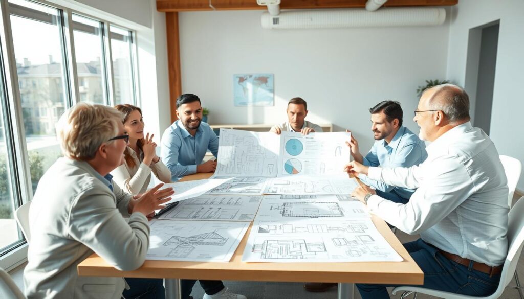 A vibrant, high-resolution image depicting a group of professionals engaged in a meeting about a residential sewage treatment system. In the foreground, several individuals sit around a table, gesturing animatedly as they discuss plans and documents. The middle ground showcases various technical diagrams, blueprints, and schematic drawings related to the sewage system layout and design. In the background, a clean, modern office setting with large windows provides natural lighting, creating a professional and collaborative atmosphere. The overall scene conveys the careful consideration and expertise involved in the "Choix des Intervenants" (Selection of Stakeholders) stage of a comprehensive sewage study for a residential development.