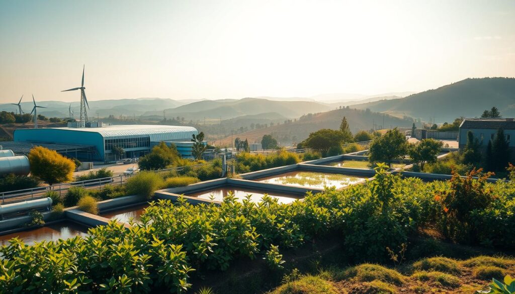 A vibrant landscape showcasing ecological sanitation practices. In the foreground, a modern wastewater treatment facility with clean, renewable energy sources powering its operations. In the middle ground, lush gardens and biodiverse greenery flourish, fed by the recycled water. In the background, rolling hills and a cloudless sky, conveying a sense of balance and harmony between human activity and the natural environment. Warm, diffused lighting illuminates the scene, creating a serene and inviting atmosphere. The overall composition emphasizes the government's commitment to sustainable waste management and environmental preservation.