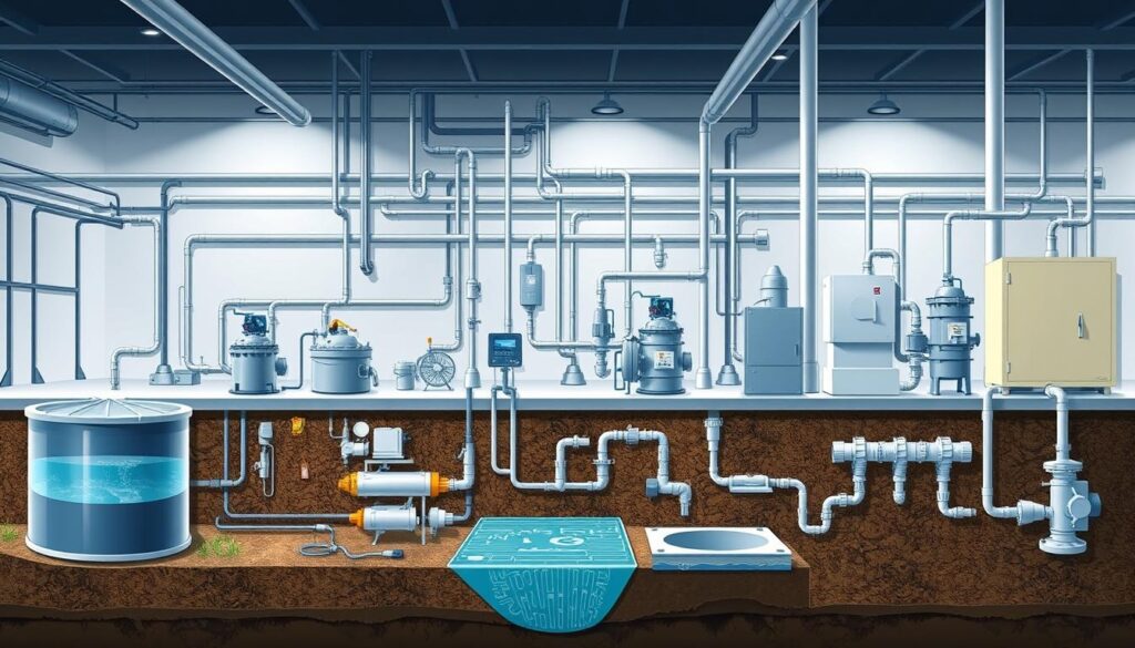 A visually detailed technical illustration of various wastewater treatment systems and sanitation devices. The foreground depicts a diverse array of components such as septic tanks, drain fields, grease traps, sludge digesters, and distribution boxes, all rendered with precision and clarity. The middle ground showcases the interconnected piping and drainage infrastructure, while the background features a clean, minimalist industrial setting with subtle lighting to highlight the technical nature of the subject. The overall composition conveys a sense of functional efficiency and engineering expertise, suitable for educating readers on the fundamental elements of wastewater management systems. A visually detailed technical illustration of various wastewater treatment systems and sanitation devices. The foreground depicts a diverse array of components such as septic tanks, drain fields, grease traps, sludge digesters, and distribution boxes, all rendered with precision and clarity. The middle ground showcases the interconnected piping and drainage infrastructure, while the background features a clean, minimalist industrial setting with subtle lighting to highlight the technical nature of the subject. The overall composition conveys a sense of functional efficiency and engineering expertise, suitable for educating readers on the fundamental elements of wastewater management systems.