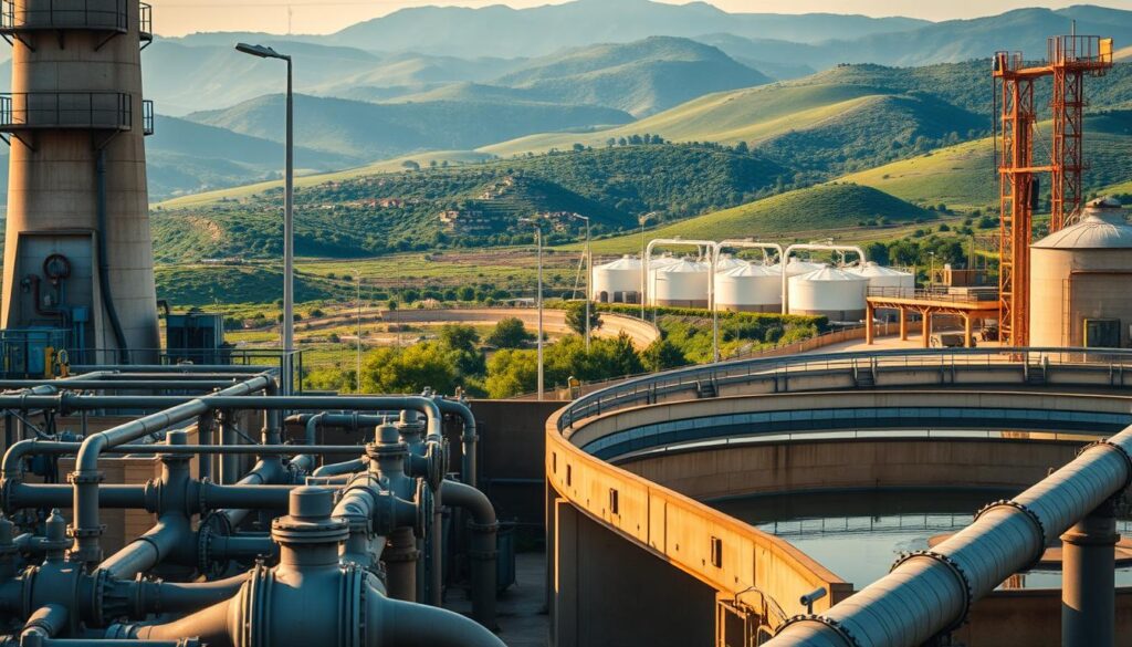 A visually striking image of the infrastructure of wastewater treatment in Morocco. In the foreground, a network of pipelines, valves, and industrial equipment stands against a backdrop of towering concrete structures and steel towers. The middle ground features a series of sedimentation tanks and clarifiers, their curved shapes reflecting the natural light. In the background, a verdant landscape of rolling hills and lush vegetation provides a serene contrast to the industrial setting. The scene is illuminated by warm, diffused lighting, creating a sense of depth and highlighting the intricate details of the infrastructure. The overall composition conveys the vital role of wastewater treatment in preserving the environmental balance.
