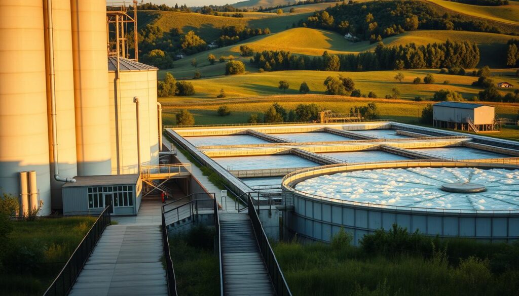 A wastewater treatment plant nestled in a verdant landscape, with towering silos, pipes, and filtration tanks casting dynamic shadows in the warm afternoon light. In the foreground, a walkway leads towards a modern control room, its windows reflecting the crisp, architectural lines. The middle ground features aeration tanks, their turbulent waters churning with the rhythmic motion of water treatment. In the background, rolling hills dotted with lush trees create a serene, pastoral backdrop, emphasizing the harmonious integration of industrial and natural elements. The scene conveys a sense of efficiency, sustainability, and environmental consciousness, capturing the essence of wastewater management.