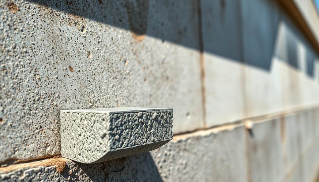 A weathered concrete surface, its textured facade repelling water with a hydrophobic sheen. Sunlight casts dynamic shadows, highlighting the material's durability and resilience. In the foreground, a cross-section reveals the dense, tightly-compacted matrix of the specialized hydrophobic concrete, its inner structure engineered to resist moisture penetration. The mid-ground showcases the practical application of this water-resistant technology, perhaps a building facade or retaining wall, demonstrating its real-world performance. The background blurs softly, allowing the central subject to take center stage and command attention. An atmosphere of strength, reliability, and advanced construction techniques pervades the scene.