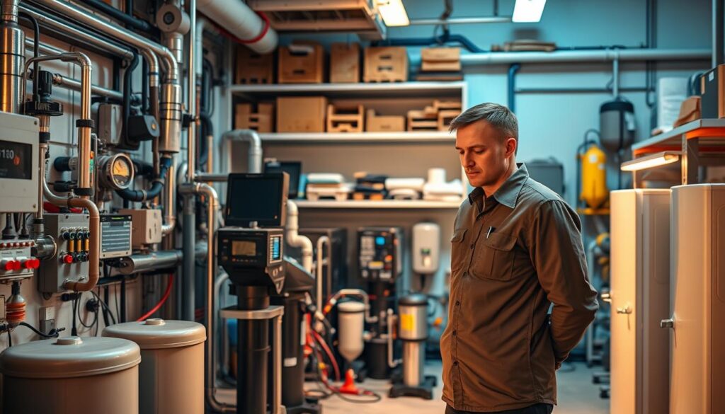 A well-equipped and professional water treatment system provider stands amidst their state-of-the-art installation, surrounded by an array of technical equipment and instruments. Warm lighting illuminates the scene, casting a serene, authoritative atmosphere. In the foreground, a technician in a crisp uniform examines a water filtration unit, demonstrating their expertise. The middle ground showcases the company's range of cutting-edge water purification products, arranged neatly. In the background, shelves brimming with spare parts and tools convey the provider's comprehensive service capabilities. The overall impression is one of a reliable, knowledgeable, and customer-focused water treatment solutions company.