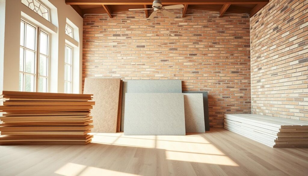 A well-lit, airy interior showcasing various healthy construction materials. In the foreground, a stack of natural wood planks, their warm grain and texture inviting. In the middle ground, a selection of sustainable insulation panels, their muted tones and clean lines conveying a sense of eco-friendly functionality. In the background, an expansive wall composed of bright, untreated bricks, exuding an earthy, rustic charm. Permeating the scene, soft, diffused sunlight filters through large windows, creating a calming, wellness-focused atmosphere. The overall composition emphasizes the beauty, durability, and health-conscious nature of these thoughtfully chosen building materials.