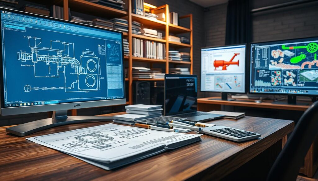 A well-lit and meticulously detailed engineering workstation, showcasing an array of design tools and software interfaces. In the foreground, an advanced CAD program displays a schematic of a complex piping network, with intricate dimensions and annotations. In the middle ground, a collection of technical manuals, drafting instruments, and a sleek notebook computer sit atop a sturdy, wood-paneled desk. The background features shelves filled with engineering reference materials and a large monitor displaying fluid dynamics simulations. The overall scene conveys a sense of precision, focus, and the systematic approach to the process of dimensioning and designing an efficient wastewater infrastructure system.