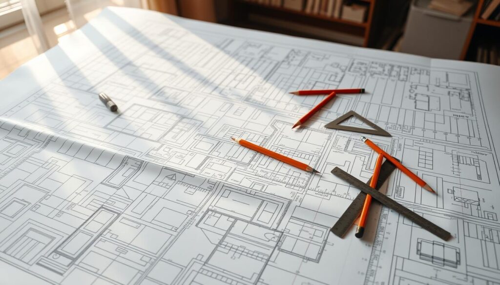 A well-lit architectural blueprint unfurling on a drafting table, revealing the preliminary stages of sewer system design. Intricate schematics and blueprints cover the surface, with overlapping gridlines, measurements, and technical diagrams. Pencils, rulers, and protractors litter the scene, creating a sense of active, thoughtful engineering work. Soft, natural lighting streams in from a window, casting warm shadows and highlighting the details of the plans. The overall atmosphere conveys the methodical, meticulous process of properly dimensioning a comprehensive sewer network.