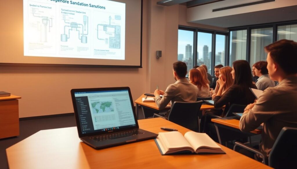 A well-lit classroom interior, with a large projection screen showcasing diagrams and schematics related to sanitation systems. In the foreground, a desk with a laptop and textbooks, creating a sense of an online learning environment. The middle ground features a group of students, engaged and taking notes, while the background depicts a cityscape out of the windows, hinting at the practical applications of the course material. The lighting is warm and inviting, with a subtle depth of field that draws the viewer's attention to the central focus of the image. A well-lit classroom interior, with a large projection screen showcasing diagrams and schematics related to sanitation systems. In the foreground, a desk with a laptop and textbooks, creating a sense of an online learning environment. The middle ground features a group of students, engaged and taking notes, while the background depicts a cityscape out of the windows, hinting at the practical applications of the course material. The lighting is warm and inviting, with a subtle depth of field that draws the viewer's attention to the central focus of the image.