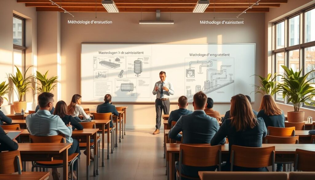 A well-lit, detailed classroom interior with a large dry-erase board at the front. Rows of sturdy wooden desks and chairs facing the board, with students intently taking notes. A professional instructor standing at the front, gesturing towards the board which displays technical diagrams and schematics related to wastewater infrastructure. The lighting is warm and natural, creating a focused, educational atmosphere. The room has large windows allowing ample natural light, and potted plants lining the walls, conveying a sense of productivity and professionalism. The overall scene effectively illustrates the "Méthodologie d'enseignement" for a Covadis Assainissement training course.