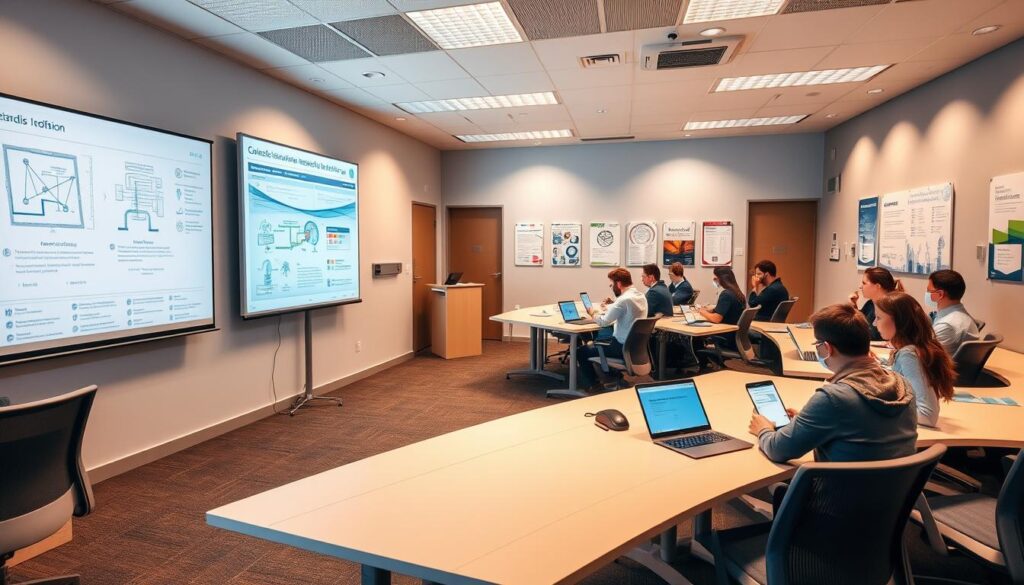 A well-lit, detailed classroom setting showcasing the key elements of the Covadis Assainissement training program. In the foreground, a large, interactive whiteboard displays diagrams and schematics related to wastewater network modeling. Surrounding the board, rows of modern, ergonomic desks and chairs suggest an engaged, hands-on learning environment. In the middle ground, trainees attentively take notes and interact with course materials, while the background reveals walls adorned with relevant industry posters and certifications, conveying a professional, educational atmosphere. Warm, balanced lighting and a neutral color palette create a calm, focused mood suitable for technical instruction.