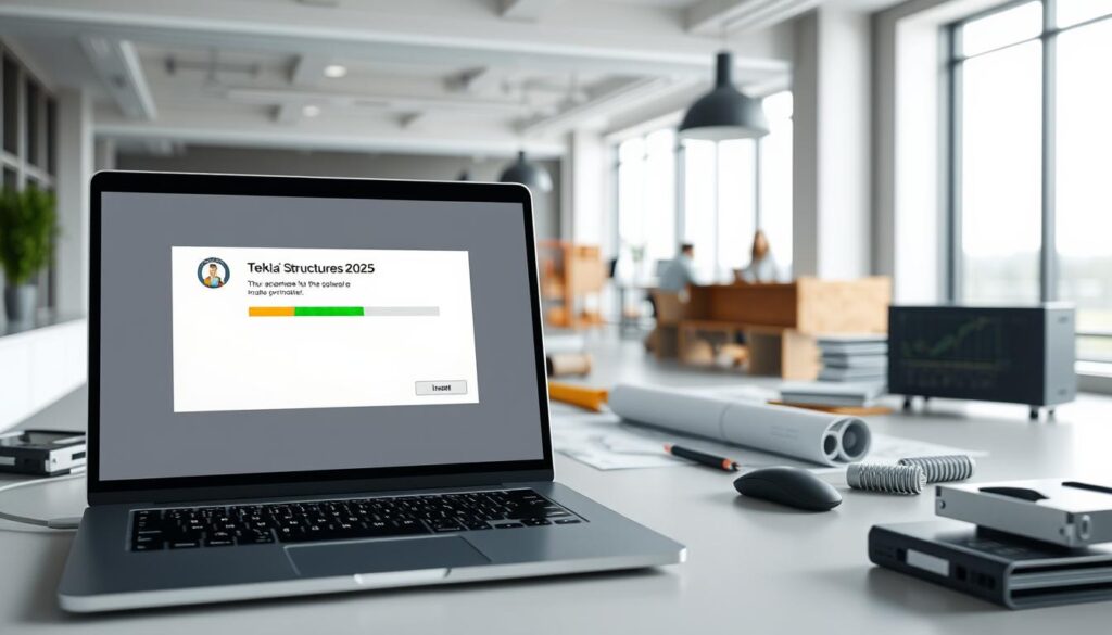 A well-lit, high-resolution 3D rendering of the installation process for Tekla Structures 2025 software. In the foreground, a laptop or desktop computer displays the Tekla Structures 2025 installer window, with a progress bar indicating the installation in progress. In the middle ground, various components and tools related to construction modeling and BIM software are visible, such as a keyboard, mouse, and architectural drawings. The background depicts a modern office or studio setting, with clean lines, large windows, and a minimalist aesthetic. The scene conveys a sense of professionalism, attention to detail, and the efficient deployment of advanced construction design tools. A well-lit, high-resolution 3D rendering of the installation process for Tekla Structures 2025 software. In the foreground, a laptop or desktop computer displays the Tekla Structures 2025 installer window, with a progress bar indicating the installation in progress. In the middle ground, various components and tools related to construction modeling and BIM software are visible, such as a keyboard, mouse, and architectural drawings. The background depicts a modern office or studio setting, with clean lines, large windows, and a minimalist aesthetic. The scene conveys a sense of professionalism, attention to detail, and the efficient deployment of advanced construction design tools.