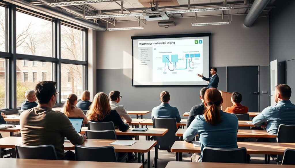 A well-lit, high-resolution classroom interior with modern learning equipment. A group of students seated at desks, focused on a presentation displayed on a large screen at the front of the room. The instructor, standing at the podium, gesturing as they explain key concepts related to wastewater management and network modeling using the Covadis software. Natural lighting streams in through large windows, creating a warm, inviting atmosphere conducive to productive learning. The scene conveys a sense of professionalism, attention to detail, and the practical application of the Covadis Assainissement training.