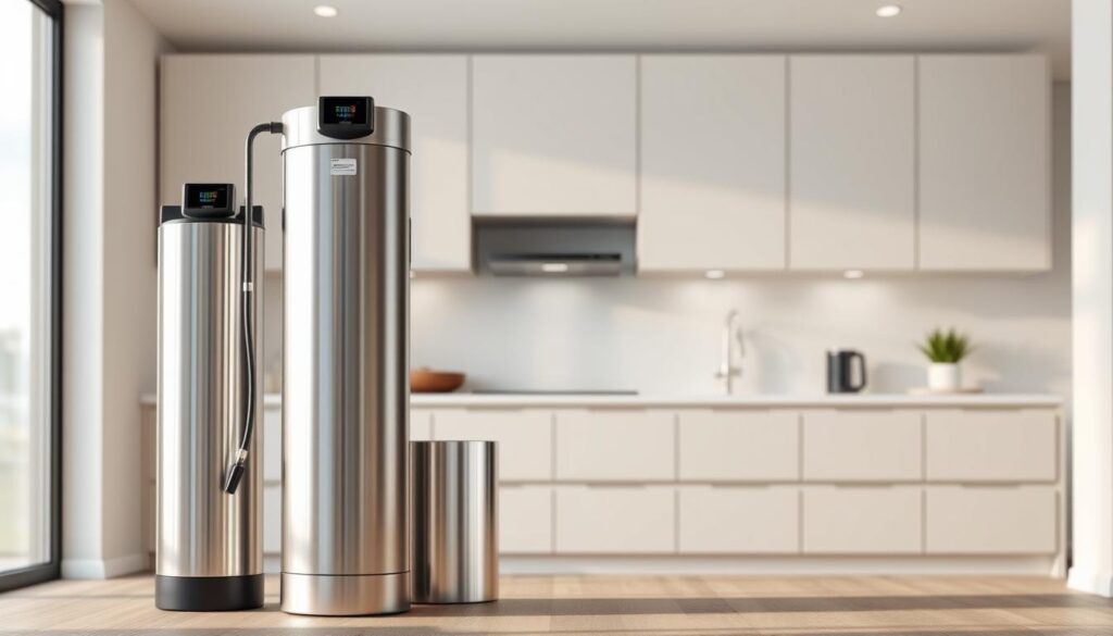 A well-lit, high-resolution image of a cost-effective water softener and reverse osmosis system, showcased in a modern, minimalist interior setting. The water softener and osmosis unit are positioned prominently in the foreground, their sleek, stainless steel exteriors gleaming under soft, diffused lighting. The middle ground features clean, contemporary cabinetry and countertops, complementing the utilitarian aesthetic. The background subtly blends clean lines and muted tones, creating a sense of balance and efficiency. The overall composition conveys the practical, cost-conscious nature of these water treatment technologies, aligning with the "Coût et investissement" section of the article.