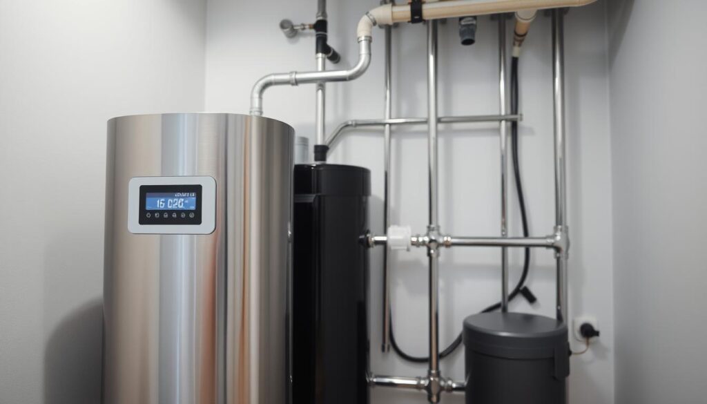 A well-lit, high-resolution image of a modern residential water filtration system installation. The foreground shows the osmosis unit in detail, with its sleek stainless steel casing and digital display. The middle ground features the intricate plumbing connections running from the unit to the main water supply and drainage. The background showcases the tidy, organized installation space, perhaps a utility closet or basement, with clean white walls and subtle lighting. The overall mood is one of technical precision and efficiency, reflecting the ideal solution for a household water purification system.