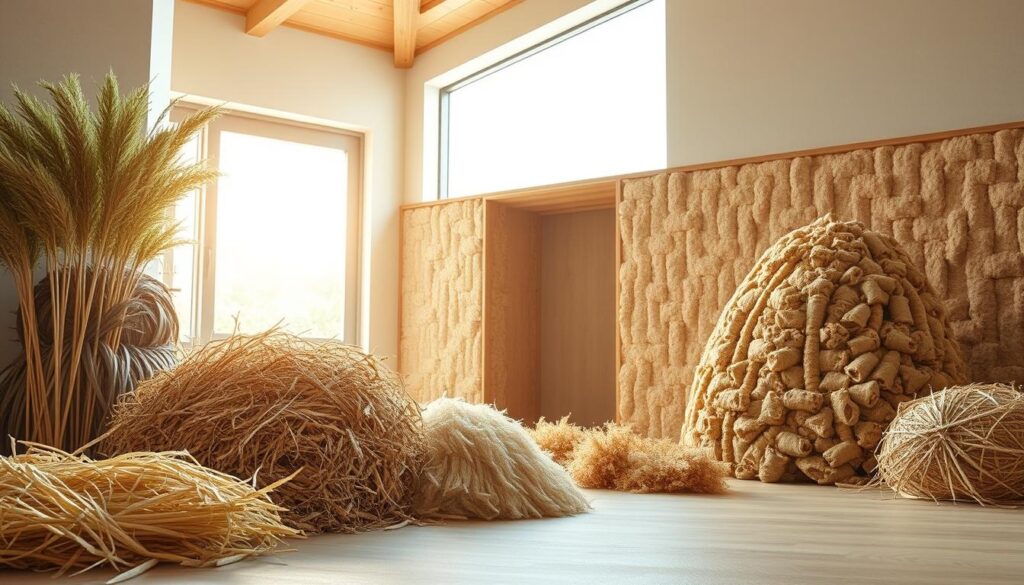 A well-lit, high-resolution interior scene showcasing a range of innovative bio-based insulation materials. In the foreground, a variety of natural, sustainable insulation products such as hemp, straw, and wood fiber are artfully displayed. The middle ground features an exposed wall section, allowing the viewer to see the insulation's construction and layering. In the background, a large window floods the space with warm, natural light, highlighting the textures and colors of the eco-friendly insulation solutions. The overall mood is one of modern, sustainable living, with a focus on the technical details and performance of these state-of-the-art, bio-based insulation materials.
