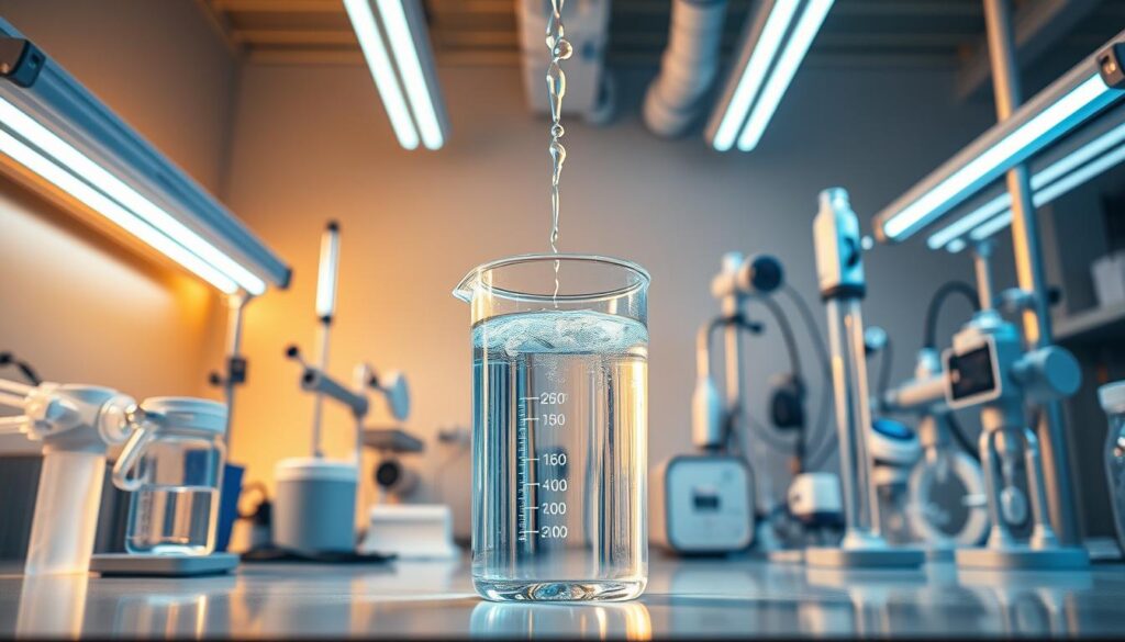 A well-lit laboratory interior, with a central focus on a transparent beaker filled with crystal-clear water. Surrounding the beaker, various scientific equipment and instruments used for water disinfection, such as UV lamps, filters, and monitoring devices. The scene conveys a sense of precision and attention to detail, with a clean, clinical aesthetic. Warm, directional lighting illuminates the setup, casting subtle shadows and highlights to emphasize the technological aspects. The overall mood is one of scientific investigation and the pursuit of clean, safe drinking water.