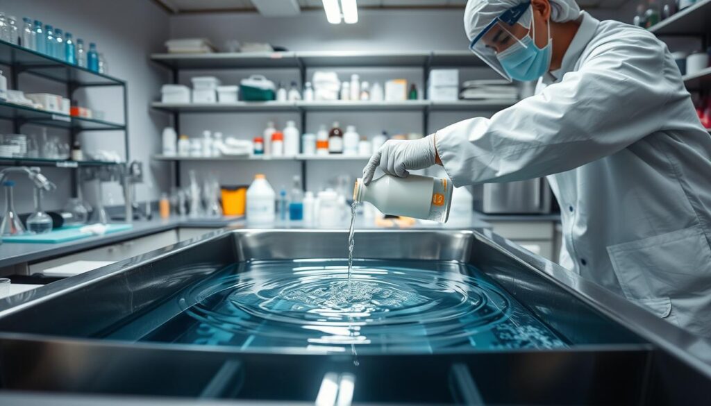 A well-lit laboratory setting, with a large stainless steel sink or basin filled with clear water. In the foreground, a person in a white lab coat and protective gear is carefully pouring a measured amount of chlorine solution into the water, creating a gentle swirling effect. The middle ground shows various scientific glassware, pipettes, and other equipment, suggesting an active water treatment process. The background features shelves lined with chemical bottles and other supplies, conveying a sense of a professional, well-equipped facility. The overall mood is one of controlled, methodical disinfection, with a clean, clinical atmosphere.