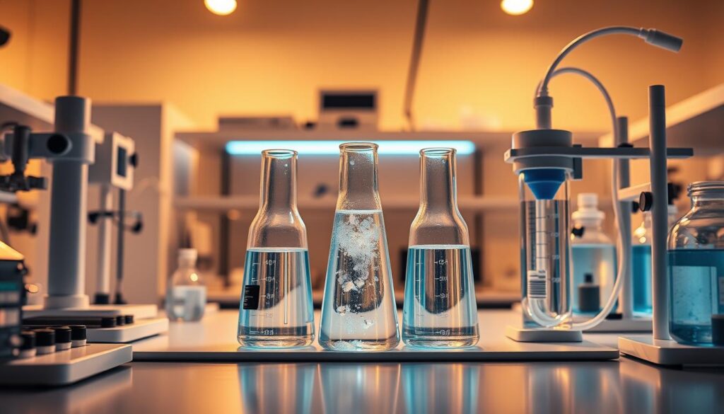 A well-lit laboratory workspace, with three glass beakers filled with different water treatment methods: ultraviolet light, chlorine solution, and a reverse osmosis system. The beakers are arranged in a triangular formation, showcasing the contrasting processes. Sleek, modern lab equipment surrounds the setup, creating a professional, scientific atmosphere. The lighting is warm and directional, casting subtle shadows that accentuate the textures and materials. The focal point is the three beakers, inviting the viewer to closely examine and compare the various water disinfection techniques.