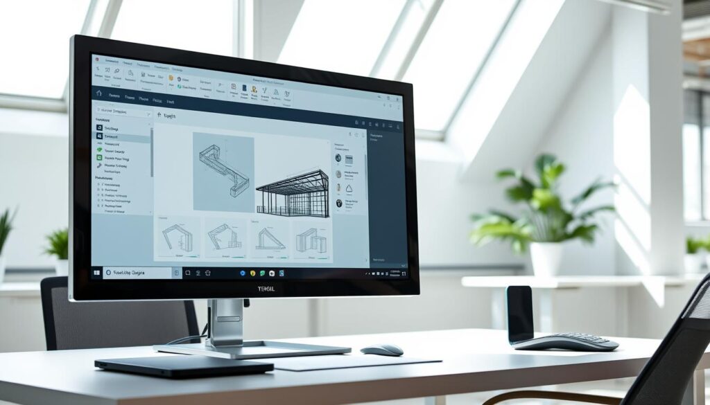 A well-lit, modern office interior with a large, high-resolution computer monitor displaying a sleek, user-friendly software interface. The monitor is positioned on a clean, minimalist desk, surrounded by a few ergonomic office accessories. The lighting is bright and natural, creating a productive, focused atmosphere. The overall scene conveys a sense of professionalism and efficiency, reflecting the utility and accessibility of the free structural design software being showcased.