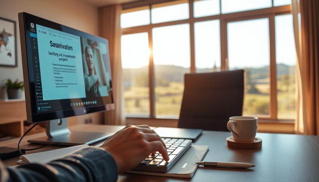 A well-lit online classroom setting, with a focus on the central computer screen displaying educational content related to sanitation and wastewater management. In the foreground, a student's hands typing on a keyboard, their face obscured. The middle ground features a tidy desk with a notebook, pen, and a cup of coffee, conveying a productive, focused atmosphere. The background showcases a large window overlooking a serene natural landscape, with soft, warm lighting filtering in, creating a calming and inviting ambiance. The overall composition suggests the convenience, accessibility, and enriching experience of online sanitation courses. A well-lit online classroom setting, with a focus on the central computer screen displaying educational content related to sanitation and wastewater management. In the foreground, a student's hands typing on a keyboard, their face obscured. The middle ground features a tidy desk with a notebook, pen, and a cup of coffee, conveying a productive, focused atmosphere. The background showcases a large window overlooking a serene natural landscape, with soft, warm lighting filtering in, creating a calming and inviting ambiance. The overall composition suggests the convenience, accessibility, and enriching experience of online sanitation courses.