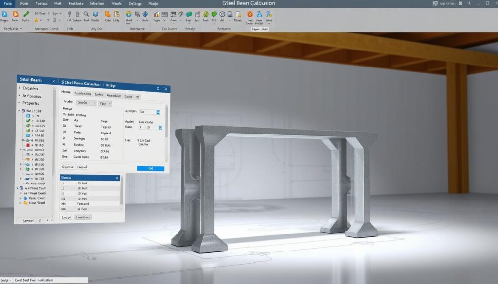 A well-lit, technically-accurate steel beam calculation software simulation interface. Centered on a modern, sleek user dashboard with clean lines and intuitive controls. In the foreground, a virtual 3D model of a steel I-beam, its properties and structural analysis data displayed in a side panel. In the background, a technical blueprint or engineering diagram provides context. The overall scene conveys a sense of professionalism, precision, and an educational, tutorial-like atmosphere, suitable for learning how to use this free steel beam design software.