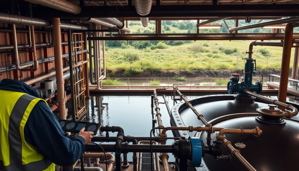 A well-maintained wastewater treatment plant, with an intricate network of pipes, tanks, and filtration systems. The foreground features a technician in a safety vest, carefully monitoring gauges and controls. In the middle ground, large sedimentation tanks and aerobic digesters, their mechanical components whirring efficiently. The background reveals a verdant landscape, symbolizing the facility's role in environmental preservation. The lighting is a mix of warm industrial tones and soft natural illumination, creating a sense of order and tranquility. The camera angle is slightly elevated, providing an overview of the complex yet harmonious system. The overall mood conveys the importance of proper wastewater management for sustainable communities.