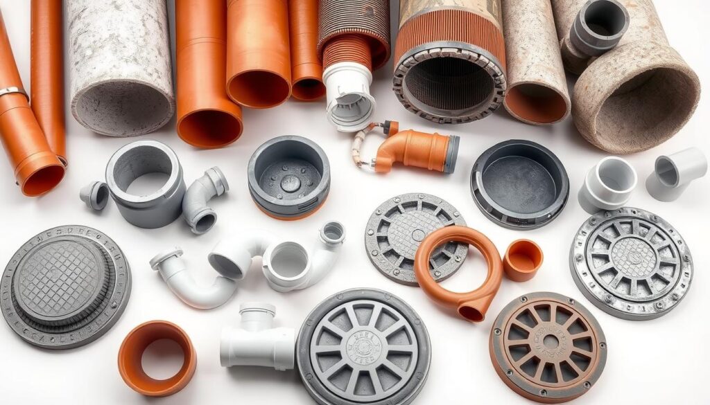 A well-organized and detailed collection of construction materials for a residential sanitation system, including terracotta drainage pipes, concrete septic tanks, PVC fittings, and metal manhole covers, arranged on a clean white background with soft, even lighting. The materials are shown from multiple angles, highlighting their textures, colors, and technical specifications to provide a comprehensive visual reference for a practical sanitation guide.
