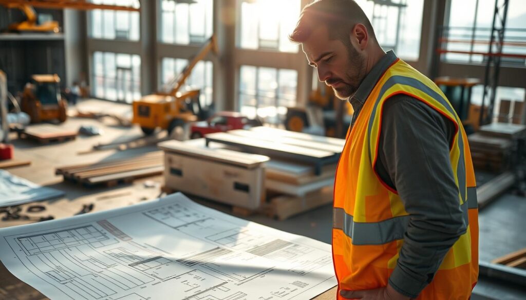 A well-organized construction site, with a detailed construction plan spread out on a sturdy wooden table. Sunlight filters in through large windows, casting a warm glow on the scene. The plan features technical diagrams, measurements, and project specifications, meticulously documented. In the foreground, a construction worker in a high-visibility vest reviews the plan, his expression focused and determined. In the background, the hum of machinery and the bustle of activity suggest a busy, productive work environment. The overall atmosphere conveys a sense of organization, efficiency, and the importance of careful planning in the construction process.