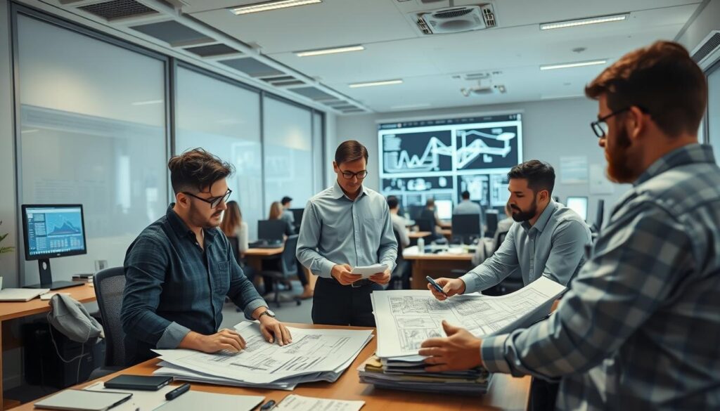 A well-organized project management office, with teams of experts collaborating on a large-scale infrastructure project. In the foreground, engineers and architects pore over detailed blueprints and 3D renderings, discussing intricate design elements. In the middle ground, project managers coordinate schedules, budgets, and resources, overseeing the progress of various workstreams. In the background, a team of analysts monitors real-time data, generating insights to optimize the workflow. Soft, directional lighting creates an atmosphere of focused, methodical problem-solving, as the team works to bring the ambitious bridge project to life.