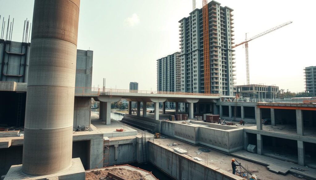 A wide-angle shot of a construction site with various types of concrete structures in the foreground, middle ground, and background. In the foreground, a towering concrete pillar stands tall, its smooth surface contrasting with the rough textures of the surrounding formwork. In the middle ground, a concrete bridge spans a small canal, its graceful arches and sturdy piers showcasing the versatility of concrete. In the background, a partially completed high-rise building rises into the sky, its concrete frame and floors visible. The scene is bathed in warm, diffuse lighting, creating a sense of depth and atmosphere. The overall composition highlights the diverse applications of concrete in modern construction projects.