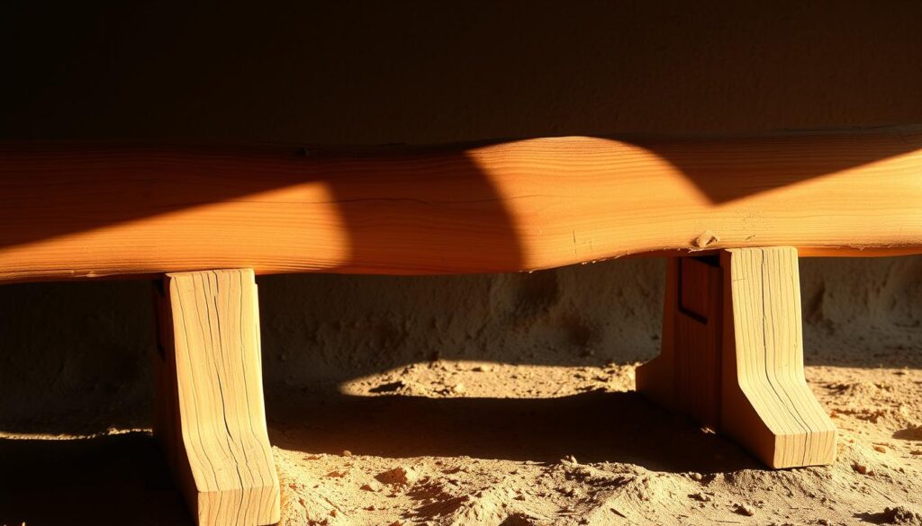 A wooden beam resting on two sturdy supports, illuminated by warm natural lighting. The beam's grain and texture are clearly visible, conveying a sense of ruggedness and durability. The supports, made of solid wood, are positioned at precise angles, creating a stable and balanced composition. The scene is set against a muted, earthy background, allowing the structural elements to take center stage. The overall atmosphere exudes a sense of strength, reliability, and attention to engineering principles, befitting the subject of the article's section on "Les contraintes à considérer dans le calcul".