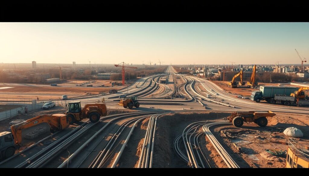 An aerial view of a bustling construction site, with heavy machinery and workers diligently carrying out various civil engineering tasks. In the foreground, a team of construction workers laying down pipes and cables, meticulously following the blueprints for the underground utilities network. In the middle ground, excavators and bulldozers clearing the ground, preparing the site for the construction of roads, sidewalks, and other infrastructure. In the background, a panoramic view of the surrounding urban landscape, with buildings and cranes in the distance, conveying a sense of progress and development. The scene is bathed in warm, natural lighting, creating a sense of productivity and optimism. The overall mood is one of efficiency, teamwork, and the steady advancement of the Voirie et Réseaux Divers (VRD) project.