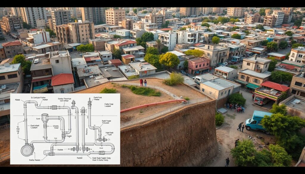 An aerial view of a residential neighborhood in Bab Sahra, with a focus on the sanitation infrastructure. In the foreground, a detailed diagram of a modern underground sewage system, with interconnected pipes, valves, and access points. Middleground shows a diverse community, people going about their daily lives, interacting with the infrastructure. The background features the bustling urban landscape, with tall buildings, transportation hubs, and lush greenery. The scene is illuminated by warm, diffused lighting, conveying a sense of efficiency, community, and environmental sustainability. The image highlights the technical and social aspects of the sanitation project, reflecting its importance for the local population. An aerial view of a residential neighborhood in Bab Sahra, with a focus on the sanitation infrastructure. In the foreground, a detailed diagram of a modern underground sewage system, with interconnected pipes, valves, and access points. Middleground shows a diverse community, people going about their daily lives, interacting with the infrastructure. The background features the bustling urban landscape, with tall buildings, transportation hubs, and lush greenery. The scene is illuminated by warm, diffused lighting, conveying a sense of efficiency, community, and environmental sustainability. The image highlights the technical and social aspects of the sanitation project, reflecting its importance for the local population.