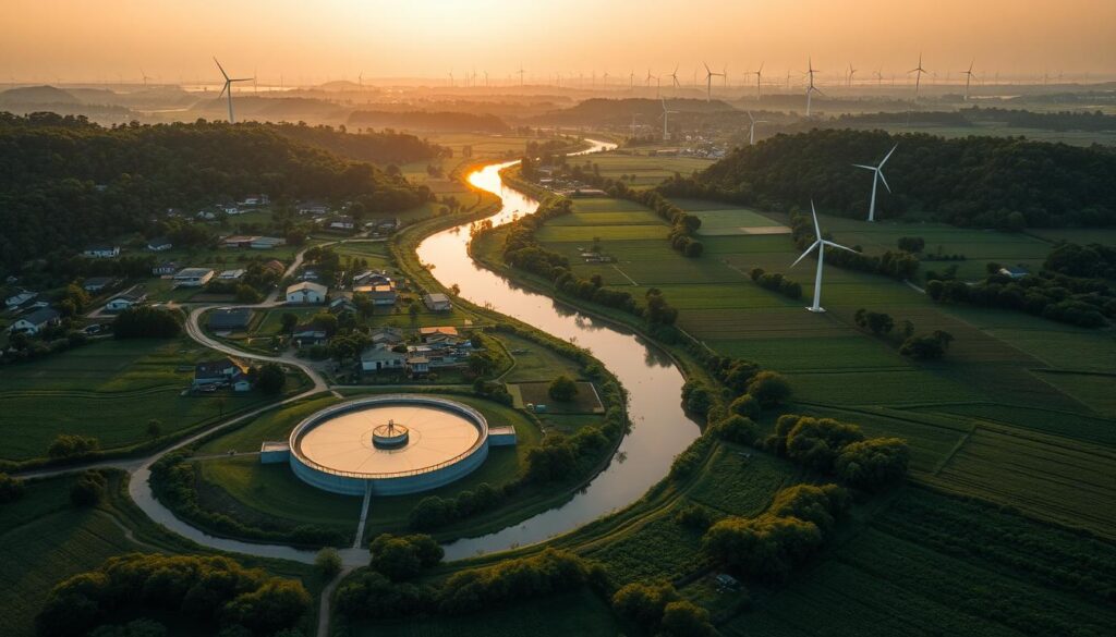 An aerial view of a rural village nestled amidst lush greenery, with a winding river flowing through the center. In the foreground, a wastewater treatment plant stands as a symbol of sustainable infrastructure, its modern design blending seamlessly with the natural surroundings. The middle ground features a network of irrigation canals, transporting the treated water to nearby farmlands, promoting a circular economy. In the background, towering wind turbines dot the horizon, harnessing renewable energy to power the entire community. The sky is lit by warm, golden tones, conveying a sense of hope and progress in the face of climate change.