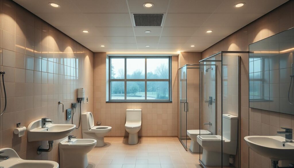 An interior architectural scene of a student dormitory's sanitation facilities. In the foreground, various plumbing fixtures such as sinks, toilets, and showers are arranged in a functional layout. The middle ground showcases tiled walls and floors in neutral tones, creating a clean and hygienic atmosphere. Indirect lighting from recessed fixtures casts a warm, ambient glow throughout the space. In the background, expansive windows provide natural illumination and a view of the campus grounds beyond. The overall impression is one of a carefully designed, modern, and well-regulated student sanitation installation that adheres to relevant building codes and environmental standards.