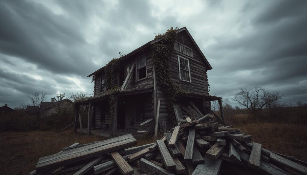An old, dilapidated wooden house set against a gloomy, overcast sky. Thick, tangled vines creep up the crumbling walls, while rotting floorboards and broken windows suggest the structure's deterioration. The lighting is dim, casting haunting shadows that accentuate the building's decrepit state. In the foreground, a pile of termite-ridden, splintered lumber lies discarded, hinting at the material's fragility and susceptibility to damage. The overall scene conveys a sense of neglect, vulnerability, and the potential drawbacks of using wood as a primary construction material.