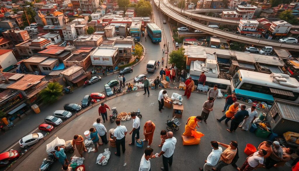 An overhead view of a bustling urban landscape, with buildings, roads, and infrastructure in the background. In the foreground, a group of people are engaged in various sanitation and public health activities - some are collecting waste, others are cleaning public spaces, and a few are administering vaccinations or providing medical care. The scene is illuminated by warm, natural lighting, creating a sense of vibrancy and community. The overall atmosphere conveys the importance of effective sanitation and public health measures in maintaining a healthy and sustainable urban environment.