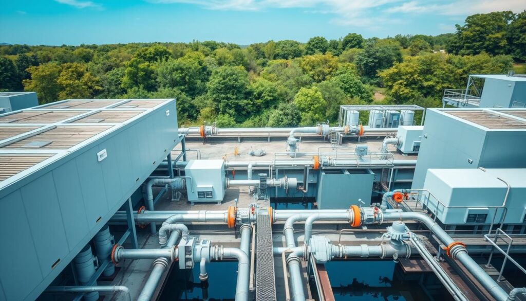 An overhead view of a well-organized wastewater treatment facility, with sleek, modern structures and efficient machinery in the foreground. The middle ground depicts a network of pipes, valves, and monitoring equipment, all working in harmony to purify the water. In the background, lush greenery and a clear blue sky create a tranquil, eco-friendly atmosphere. The lighting is soft and diffused, giving the scene a sense of calm and professionalism. The overall composition conveys a comprehensive understanding of wastewater management and the importance of proper sanitation. An overhead view of a well-organized wastewater treatment facility, with sleek, modern structures and efficient machinery in the foreground. The middle ground depicts a network of pipes, valves, and monitoring equipment, all working in harmony to purify the water. In the background, lush greenery and a clear blue sky create a tranquil, eco-friendly atmosphere. The lighting is soft and diffused, giving the scene a sense of calm and professionalism. The overall composition conveys a comprehensive understanding of wastewater management and the importance of proper sanitation.