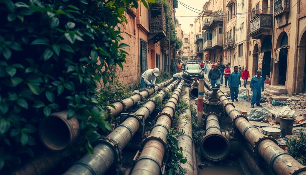 An urban sanitation scene in Morocco, captured with a wide-angle lens. In the foreground, a network of drainage pipes and sewage channels, partially obscured by lush vegetation. In the middle ground, workers in protective gear tending to the system, their faces obscured. The background reveals crumbling buildings, narrow alleyways, and the hustle and bustle of a crowded city. Warm, muted tones evoke the weathered, aging infrastructure, while the vibrant greenery suggests a glimmer of resilience. The overall composition conveys the complexities and challenges of Morocco's urban sanitation, a critical issue at the heart of the nation's development.